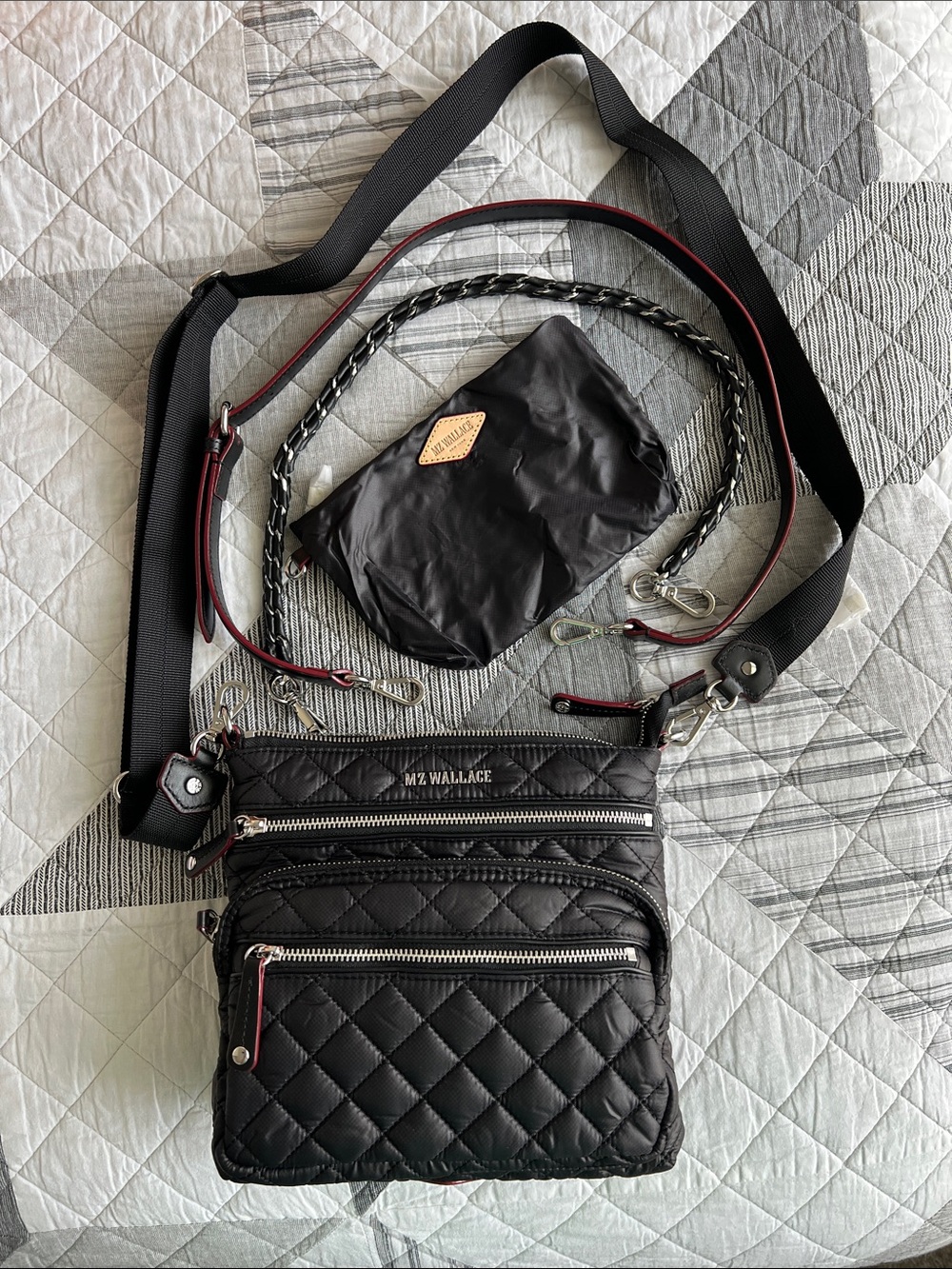 MZ Wallace Black Quilted Nylon Crossbody with Red Trim